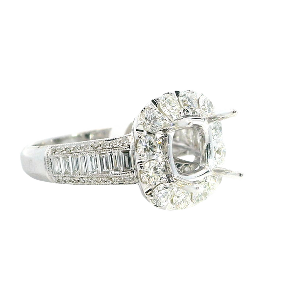 Elegant Diamond Mountings 18K White Gold 6.9mm Square Diamond Halo Semi Mount Ring - 1.52 Carats Baguette & Round Diamond