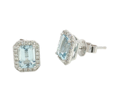 Vibrant Color Stone 14K White Gold Emerald Cut 1.75 Carats Aquamarine & 0.20 Carats Diamond Halo Stud Earrings