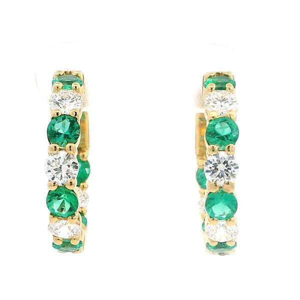 Vibrant Color Stone 18K Gold Yellow 1.93 Carats Emerald & 1.62 Carats Diamond Medium Inside Out Hoop Earrings