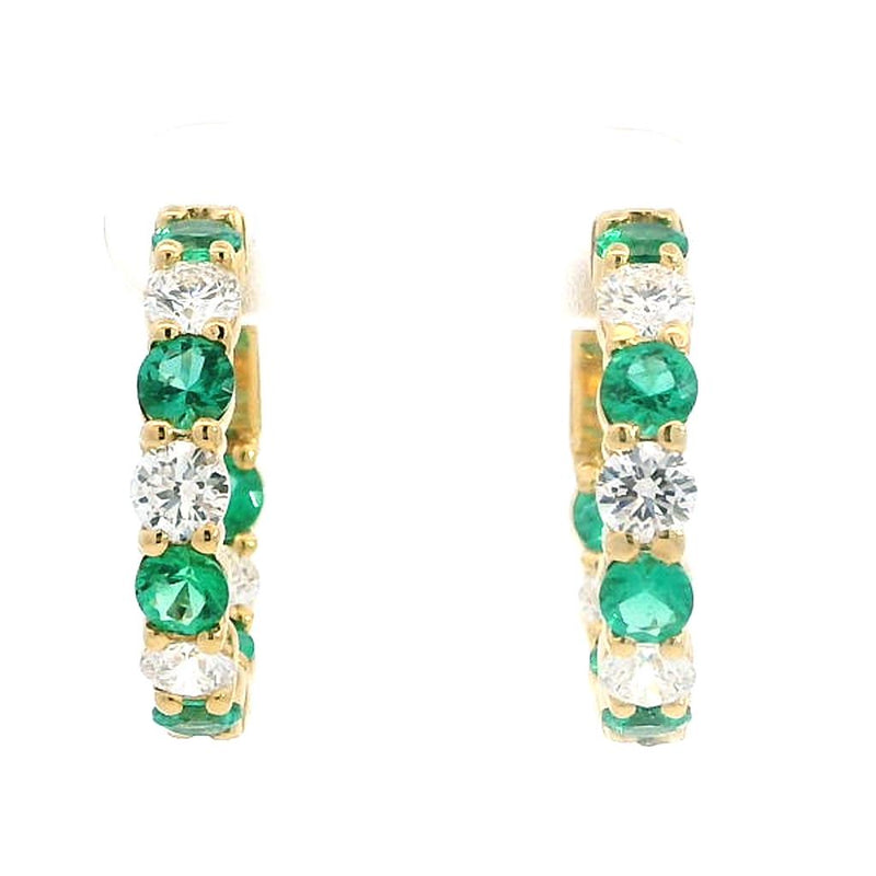Vibrant Color Stone 18K Gold Yellow 1.93 Carats Emerald & 1.62 Carats Diamond Medium Inside Out Hoop Earrings