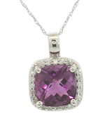 Vibrant Colored Stone Necklaces 14K White Gold 2.20  Carats Amethyst & 0.13 Carats Diamond Halo Necklace - 18 Inch