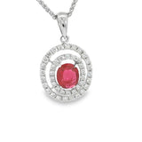 Vibrant 18K White Gold Oval Cut 0.56 Carats Ruby & 0.41 Carats Diamonds Double Halo Pendant