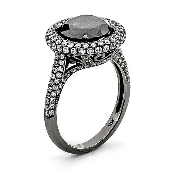 Black 18 Karat Gold 3.07 Carats Black Diamond & 0.99 Carats Pave Diamond Halo Ring