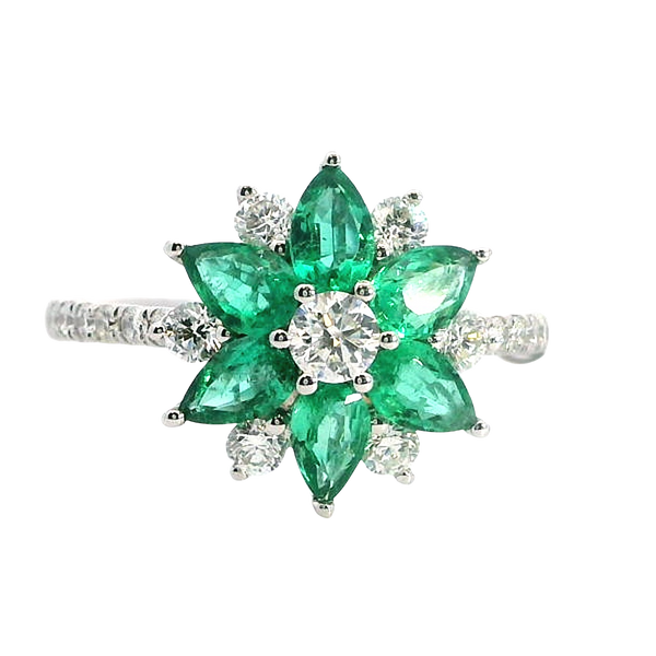 Bold & Elegant 18K Gold White Accented Color Stone Floral Inspired Fashion Ring -  Emeralds 1.02 Carats & Diamonds 0.59 Carats