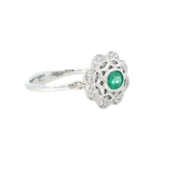 Bold & Elegant 18K White Gold Oval Cut 0.43 Carat Emerald & 0.17 Carat Diamond Floral Vintage Inspired Halo Ring