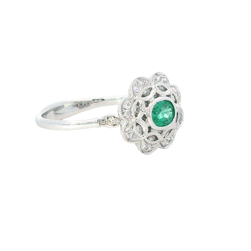 Bold & Elegant 18K White Gold Oval Cut 0.43 Carat Emerald & 0.17 Carat Diamond Floral Vintage Inspired Halo Ring