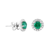 Vibrant Color Stone 18K White Gold Round Cut 0.88 Carats Emerald & 0.28 Carats Diamond Halo Earrings