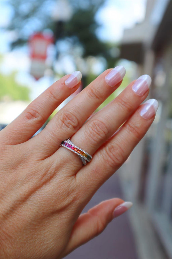 Elegant & Trendy 18K White Gold 1.07 Carats Princess Cut Rainbow Sapphire & 0.37 Carat Round Diamond Band