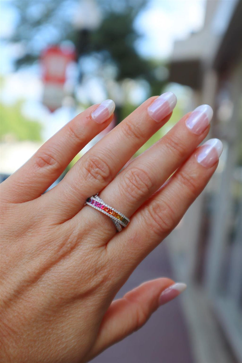 Elegant & Trendy 18K White Gold 1.07 Carats Princess Cut Rainbow Sapphire & 0.37 Carat Round Diamond Band