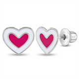Sterling Silver Hearts & More Hearts Pink & White Enamel Earrings For Children