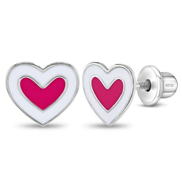 Sterling Silver Hearts & More Hearts Pink & White Enamel Earrings For Children