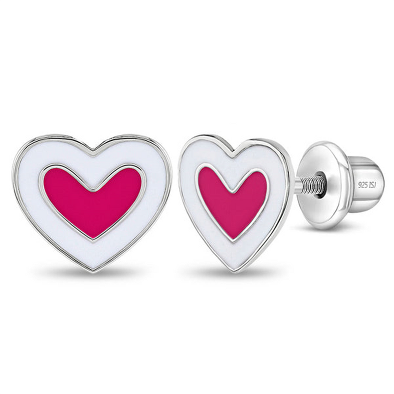 Sterling Silver Hearts & More Hearts Pink & White Enamel Earrings For Children