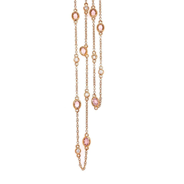 Vibrant 18K Gold Rosé 1.13 Carats Morganite & 0.20 Carats Diamond Station Necklace, 18 Inch
