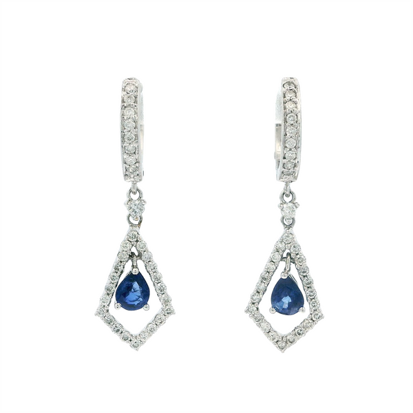 Vibrant Color Stone 18K Gold White 0.79 Carats Blue Pear Sapphire & 0.54 Carats Diamonds Dangle Earrings
