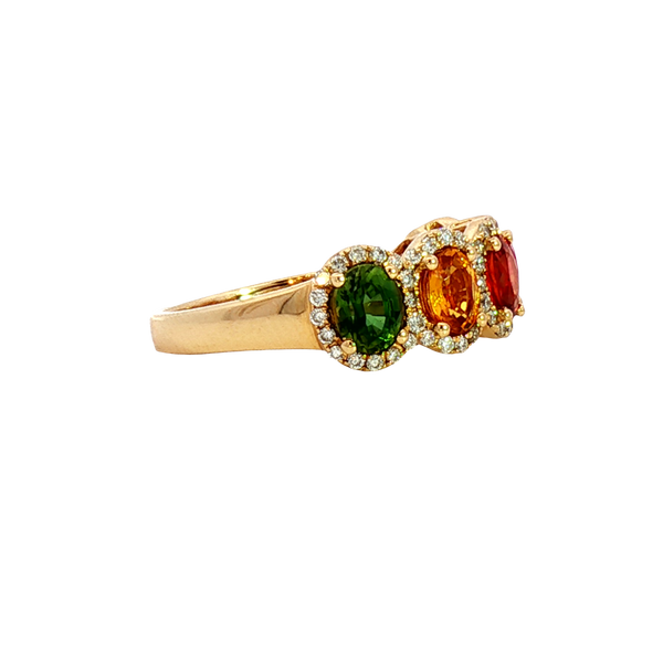 Bold & Elegant 14K Yellow Gold Oval Cut 2.78 Carats Mulit Colored Sapphires &  0.34 Carats Diamond Halo Ring
