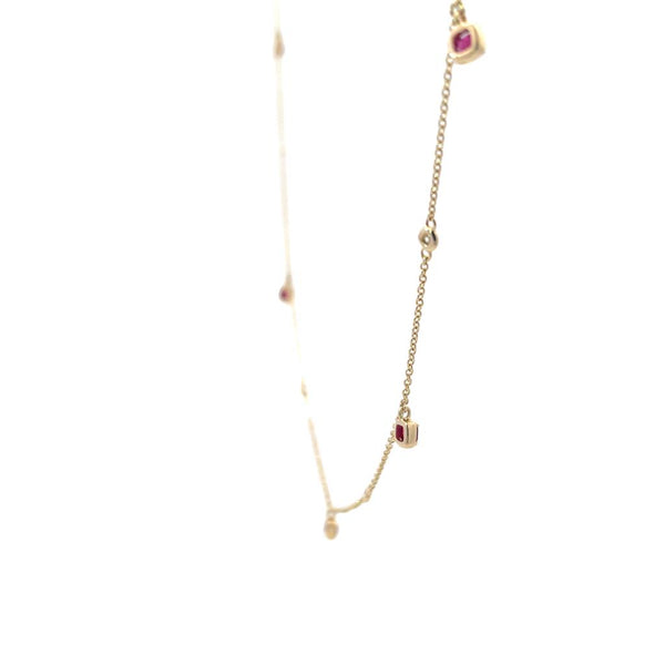 Vibrant 14K Gold Yellow 0.73 Carats Rubies & 0.08 Carats Diamonds Fringe Station Necklace, 18 Inch