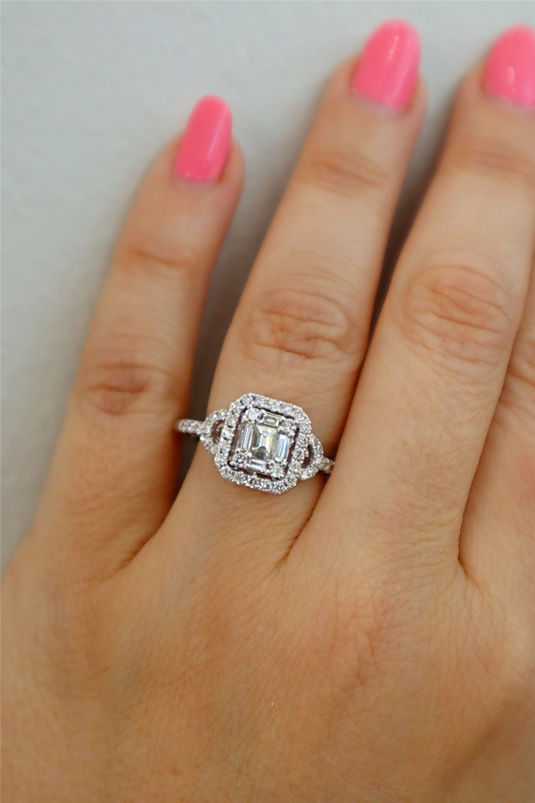 Timeless & Elegant Diamond Engagement Rings 14K White Gold Cushion Halo Emerald Cut, Baguette & Round 0.73 Carats Diamond Engagement Ring