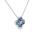 Vibrant Colored Stone Necklaces 18K White Gold 0.90 Carats Blue Sapphires & 0.12 Carats Diamond Halo Clover Motif Necklace - 18 Inch