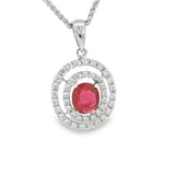 Vibrant 18K White Gold Oval Cut 0.56 Carats Ruby & 0.41 Carats Diamonds Double Halo Pendant