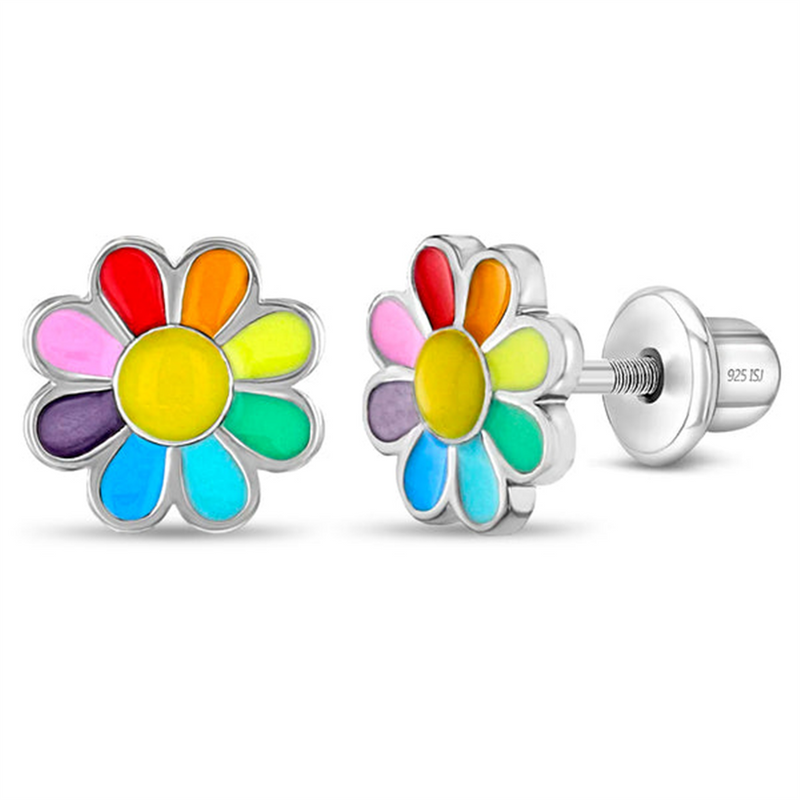 Sterling Silver Rainbow Daisy Enamel Earrings For Children