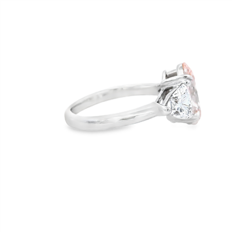 14K Gold White Accented 3 Stone Lab Grown Oval Fancy Vivid Pink Diamond & Lab Grown Trillion Cut Diamond Engagement Ring -  4.04 CTW Diamond