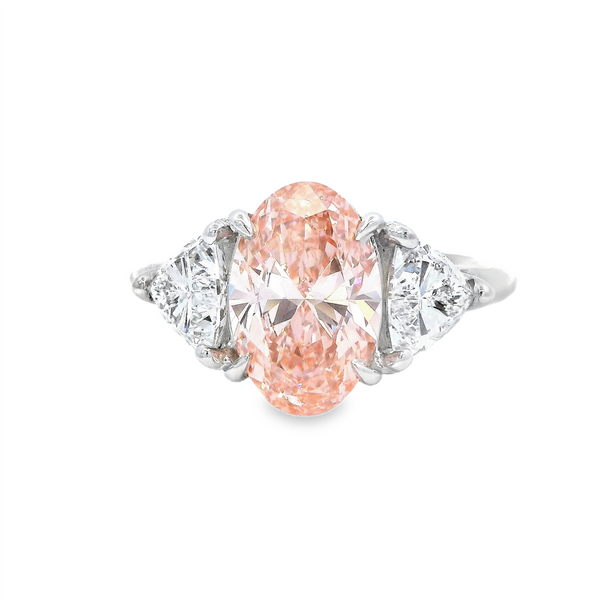 14K Gold White Accented 3 Stone Lab Grown Oval Fancy Vivid Pink Diamond & Lab Grown Trillion Cut Diamond Engagement Ring -  4.04 CTW Diamond
