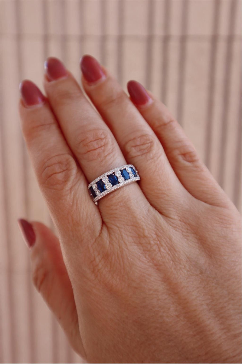 Bold & Elegant 18K Gold White Stackable Color Stone Fashion Bands - 1.47 Carats Oval Blue Sapphire & Round 0.92 Carats Diamond Tapered 7.2mm Band