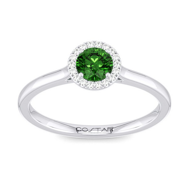 White 10 Karat Gold 0.24 Carats Emerald & 0.06 Carats Diamond Halo Ring