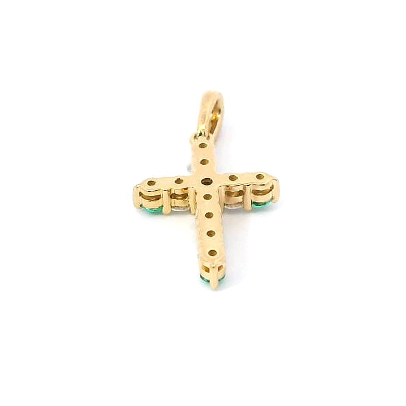 Vibrant 18K Yellow Gold 0.13 Carats Emerald & 0.16 Carats Diamond Small Cross Pendant
