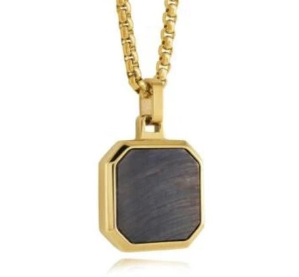 Yellow Gold Ion Plated Stainless Steel Box Link Chain & Blue Tiger's Eye Pendant