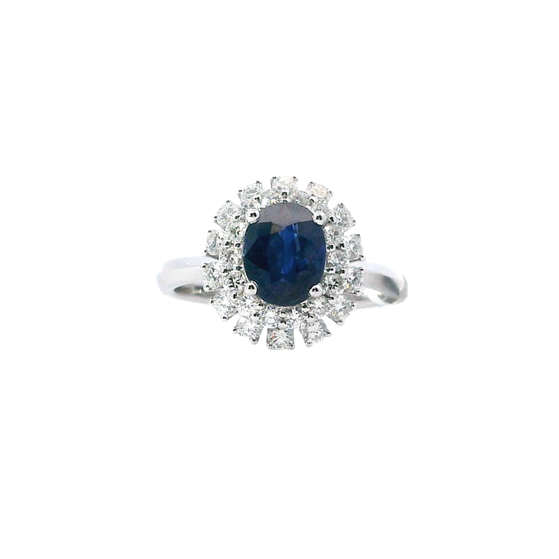 Bold & Elegant 18K White Gold Oval Cut 1.49 Carat Blue Sapphire & Round 0.73 Carat Diamond Double Halo Ring