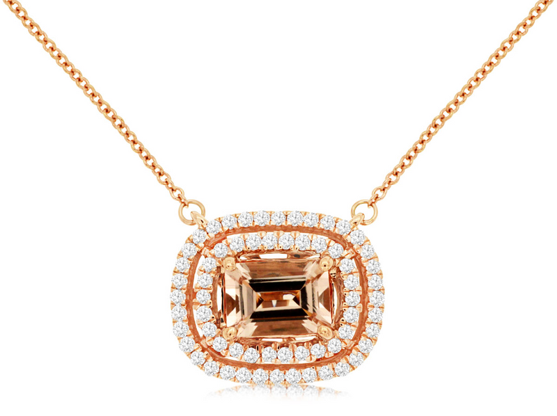 Rosé 14 Karat Gold 0.95 Carats Morganite & 0.33 Carats Diamond Halo Necklace