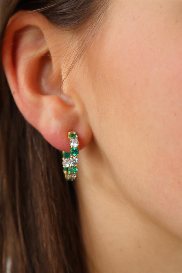 Vibrant Color Stone 18K Gold Yellow 1.93 Carats Emerald & 1.62 Carats Diamond Medium Inside Out Hoop Earrings
