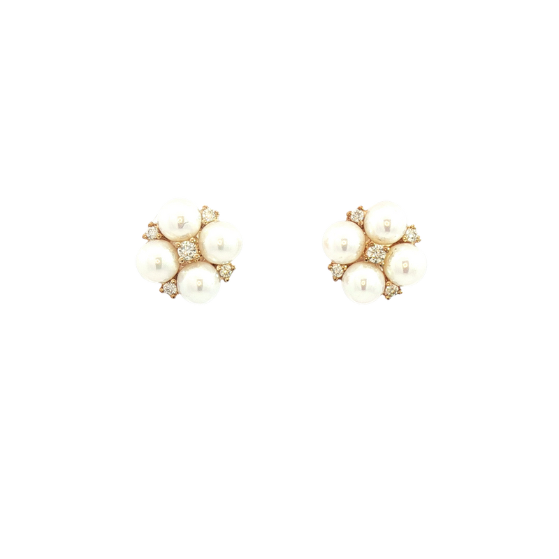 Timeless & Sophisticated Design 10K Yellow Gold 4MM Cultured Pearls & 0.10 Carats Diamonds Stud Earrings