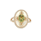 Bold & Elegant 18K Gold Yellow Halo Sappire, Mother of Pearl & Diamond Fashion Dinner Rings - Unheated Sapphire 1.13 Carats & Round Diamonds 0.40 Carats
