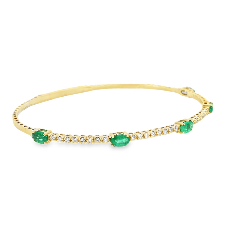 Elegant & Eye Catching 14K Gold Yellow & Titanium 1.03 Carats Oval Emerald & 0.32 Carats Round Diamond Flexible Bangle Bracelet, Length 6.75 Inch