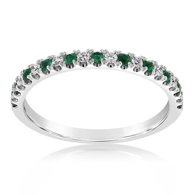 Bold & Elegant 14K Gold White Stackable Color Stone Fashion Band - Emeralds 0.12 Carats & Diamonds 0.12 Carats