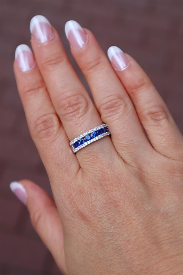 Bold & Elegant 18K White Gold 0.98 Carats Blue Saphhire & 0.35 Carats Diamond Stackable Band