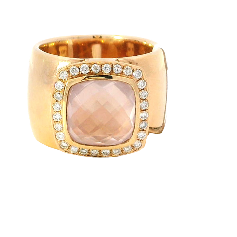 Bold & Elegant 18K Rosé Gold 4.57 Carat Cushion Cut Rose Quartz & 0.35 Carat Diamond Halo Wide Band Ring