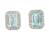 Vibrant Color Stone 14K White Gold Emerald Cut 1.75 Carats Aquamarine & 0.20 Carats Diamond Halo Stud Earrings