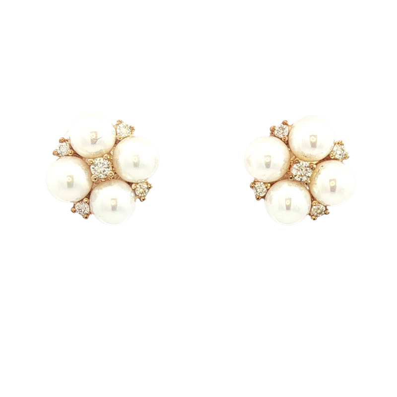 Timeless & Sophisticated Design 10K Yellow Gold 4MM Cultured Pearls & 0.10 Carats Diamonds Stud Earrings