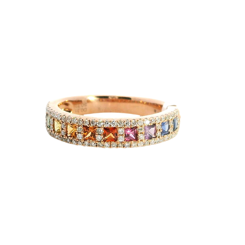 Bold & Elegant 18K Rosé Gold Princess Cut Mulit Color 0.72 Carats Fancy Sapphires & 0.31 Carats Diamond Halo Band