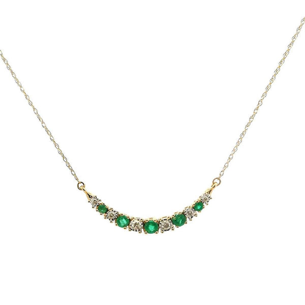 Vibrant Colored Stone Necklaces 14K Gold Yellow 0.40 Carats Emerald & 0.10 Carats Diamond Curved Bar Necklace, 18 Inch