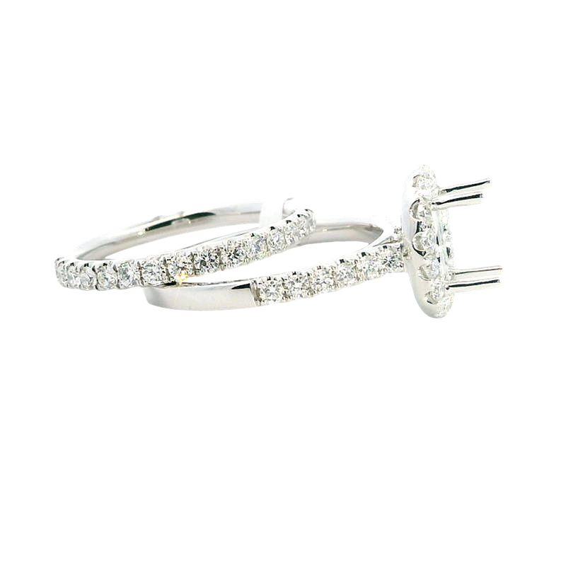 18K White Gold Halo 0.91 Carats Diamond Halo Wedding Set - Semi Mount 0.58 Carats Engagement Ring & Matching 0.33 Carats Wedding Band