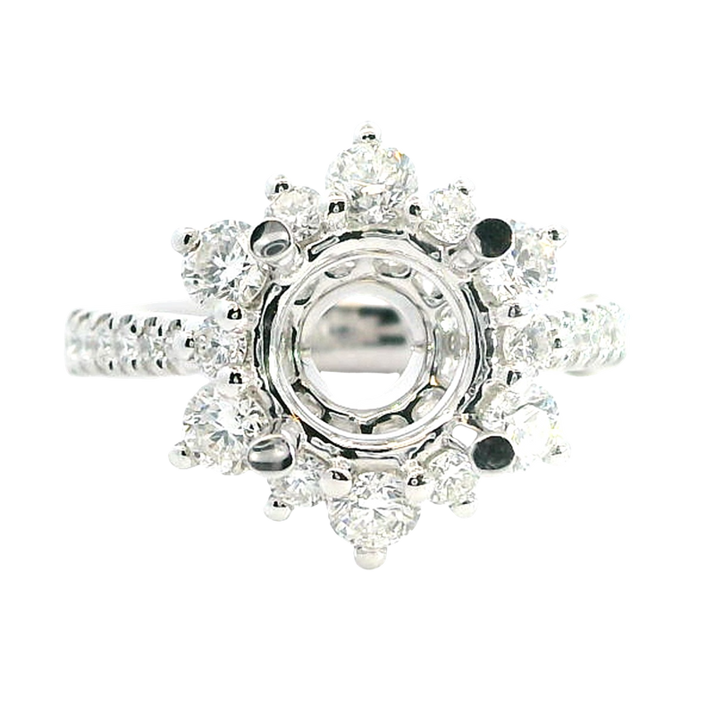 Elegant Diamond Mountings 18K White Gold  2.0 Carats Round Diamond Halo Semi Mount Ring - 1.14 Carats