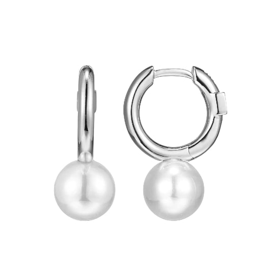 White Sterling Silver Round Pearl Dangle Earrings