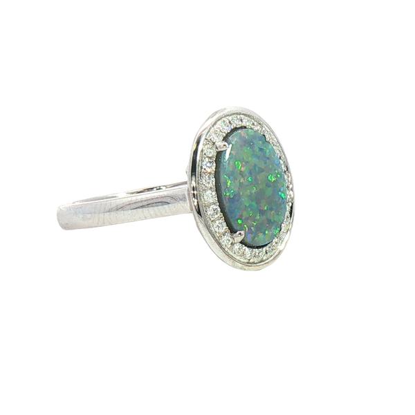 Bold & Elegant 18K White Gold Oval Cut 1.25 Opal & 0.13 Carats Diamond Halo Ring