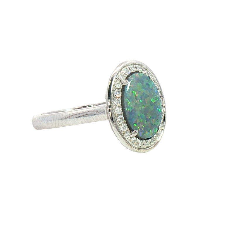 Bold & Elegant 18K White Gold Oval Cut 1.25 Opal & 0.13 Carats Diamond Halo Ring