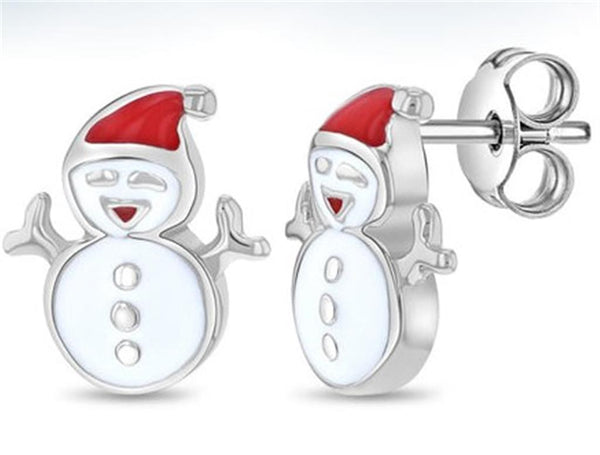 Sterling Silver Christmas Snowman Enamel Earrings For Children