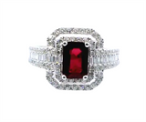 18K White Gold Double Halo Diamond Ring with Round and Baguette Diamonds, 0.61ct Round & 0.24ct Baguette Diamonds, F/G Color, VS2 Clarity